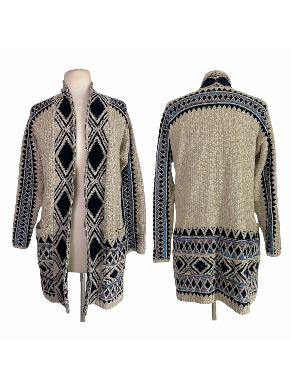 Lucky Brand Womens LG Beige Navy Open FRONT Duster Boho Hippie Tribal Southwest